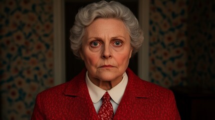 The Haunting Gaze: A portrait of a stern, elderly woman in a crimson coat, her piercing eyes and stoic expression exude a chilling intensity.