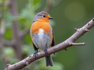 Fototapeta premium The vibrant bird, with its orange chest and gray head, rests elegantly on a tree branch surrounded by fresh green leaves under the afternoon sunlight