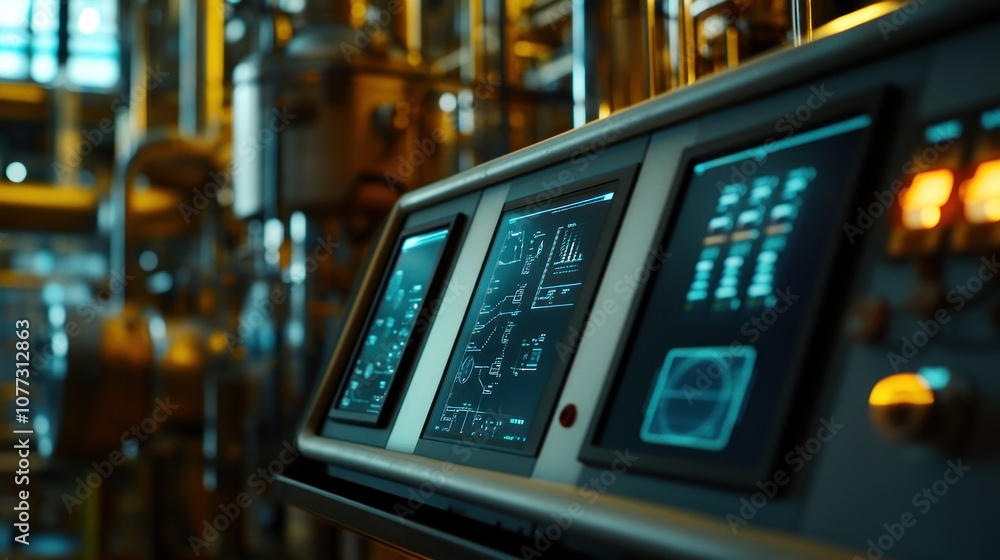 Poster industrial control panel with digital displays and data visualizations