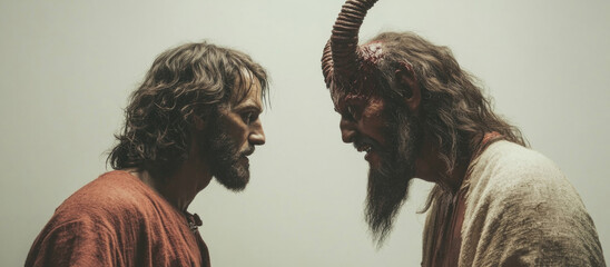 The devil tempting Jesus with worldly power and comfort. Photorealist scene.