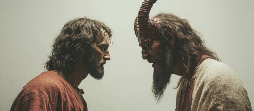 The devil tempting Jesus with worldly power and comfort. Photorealist scene.