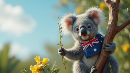 Obraz premium Cute koala perched on a eucalyptus tree, adorned with a small Australian flag around its neck. The scene captures the essence of Australia Day, with vibrant greenery