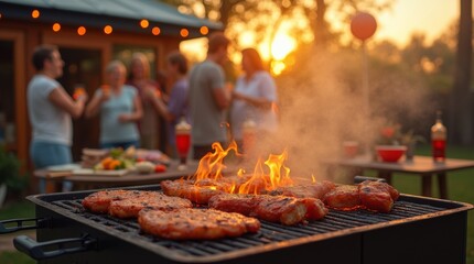 Lively BBQ party in a backyard, featuring a grill with sizzling meats and vegetables. Friends and family are gathered around, enjoying food and drinks