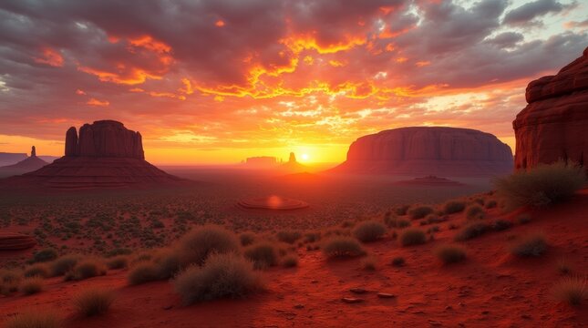 A photorealistic image of the Australian outback at sunset, showcasing vast red desert landscapes dotted with unique rock formations and sparse vegetation. Breathtaking view of this iconic region