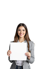 Naklejka premium executive woman holding empty sign, isolated on white background, space for text