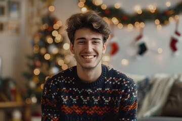 Obraz premium Portrait of a smiling young man in festive sweater in living room