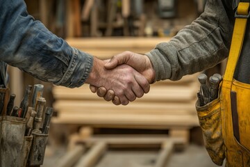 A firm handshake between two carpenters symbolizes teamwork in a bustling workshop filled with tools and lumber, showcasing their commitment to their craft and dedication to their trade