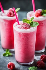 Raspberry Mint Smoothies in Glasses	