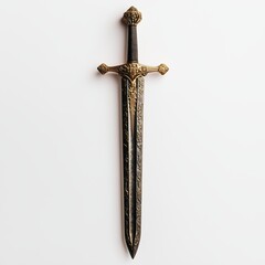 A beautifully engraved sword, showcased against a simple white backdrop