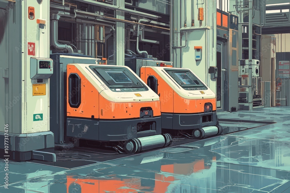 Poster two futuristic robots in a factory setting with wet floors.