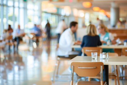 Hospital cafeteria with tables and healthy food options