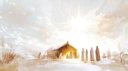 Nativity. Figures gathered in reverence under the holy star. Digital painting.