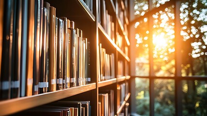 Bookshelf filled with books in a library, with sunlight streaming through a window.
