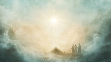 Fototapeta premium Nativity. Figures gathered in reverence under the holy star. Digital painting.