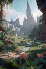 Serene prehistoric valley with herbivorous dinosaurs grazing
