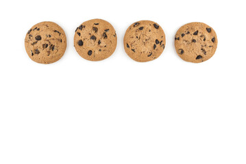 Obraz premium four chocolate cookies isolated on a white background with copy space