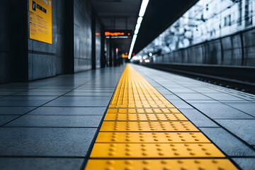Yellow tactile paving on a subway platform leading towards the train.