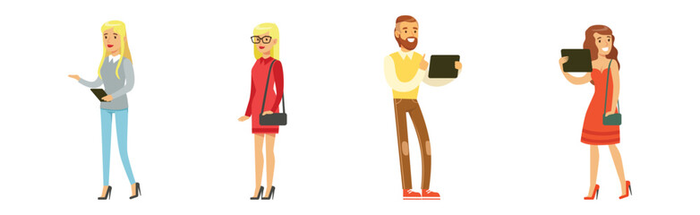 Obraz premium Young Man and Woman with Tablet Electronic Device Vector Set