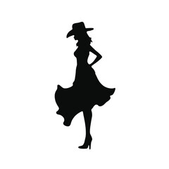 Fototapeta premium A silhouette of a woman wearing a cowgirl hat and a long dress, standing in a confident pose