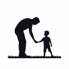 A silhouette of an adult man and a young child, possibly a father and son, standing together in a field or grassy area