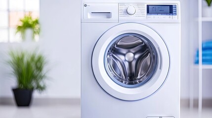 A striking close-up of a washing machine drum showcasing modern design against a clean, white studio backdrop in vibrant blue tones