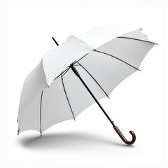 A striking white umbrella elegantly poised on a plain white background in a minimalist composition