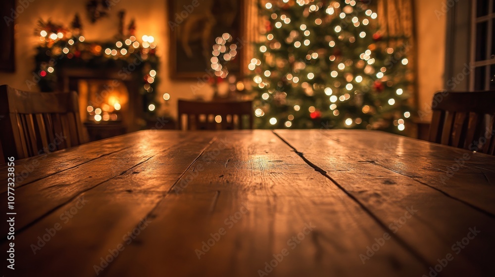 Poster a rustic wooden dining table is set for a festive christmas gathering, illuminated by soft light fro