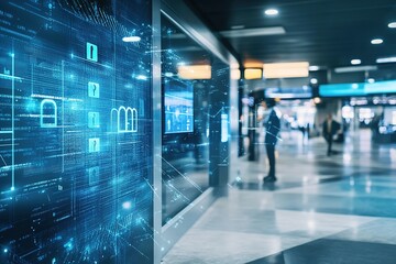 Cybersecurity concept with digital screen and icons at airport.