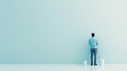 Fototapeta premium A man in a blue shirt and dark pants is painting a wall with a roller. 