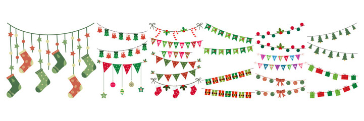 Obraz premium Colorful Christmas Lights, Festive Banners and Party Flags. Happy New Year decoration signs