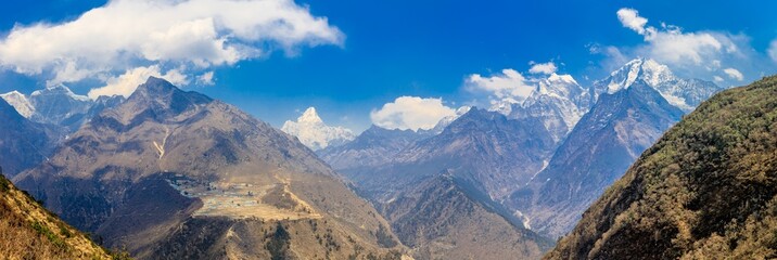 Himalaya mountains beautiful scenic landscape on Everest Base Camp trek. Hiking through Himalayas...