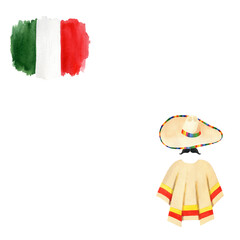 Mexican poncho and sombrero with mustache and Mexican flag isolated on a white background. Watercolor costume illustration. National male clipart