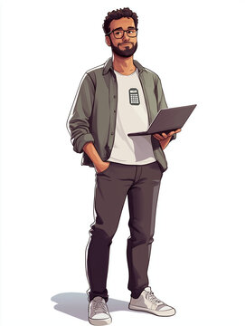 Cartoon illustration of young man with laptop in casual outfit