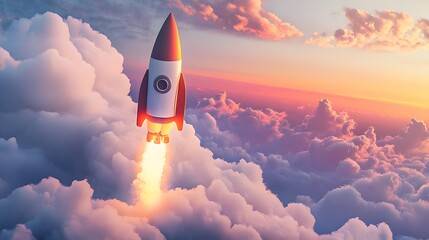 Rocket Launching Through Clouds at Sunset