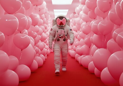 An astronaut drifting among heart-shaped balloons, marking a special Valentine's Day celebration