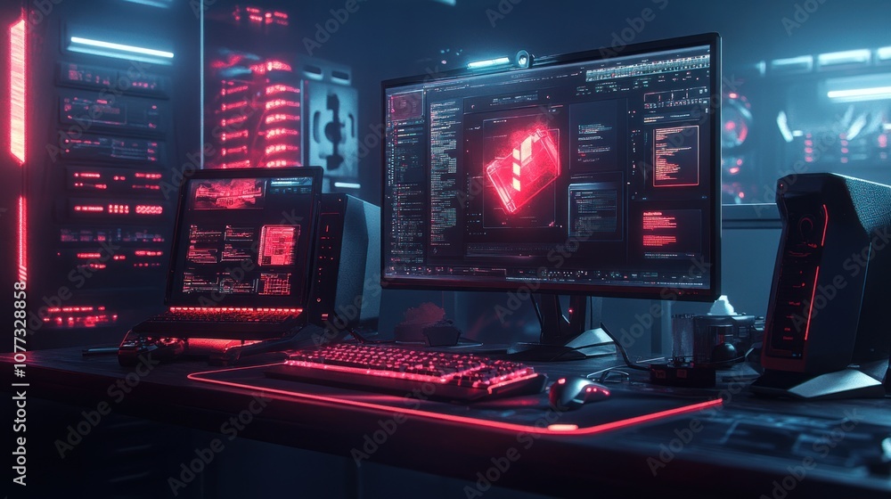 Poster a gamer's desk with a computer, keyboard, mouse, and a gaming headset. the computer screen shows a r