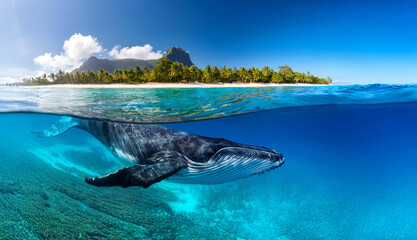 Indian Ocean, Mauritius Whale and humpback whale and vibrant coral reefs and sea Turtles. Mauritius island under waterfall, Mauritius undersea, Mauritius sea, humpback whale © karacacennet