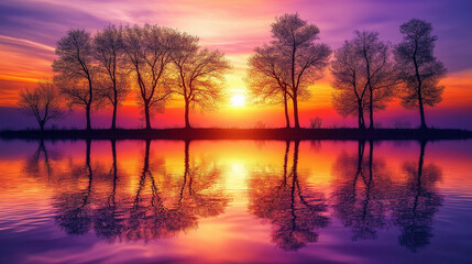 Fototapeta premium Sonnenuntergang über ruhigem Wasser mit farbenfrohem Himmel