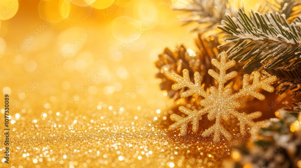 Poster a close-up view of shimmering gold decorations for the winter holidays featuring sparkling snowflake