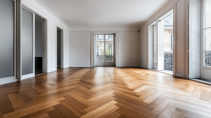 Obraz premium Spacious empty room with polished herringbone wood flooring, large windows with white shutters, and sliding glass doors, allowing natural light to brighten the interior space.