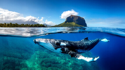 Indian Ocean, Mauritius Whale and humpback whale and vibrant coral reefs and sea Turtles. Mauritius island under waterfall, Mauritius undersea, Mauritius sea, humpback whale © karacacennet