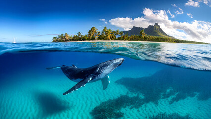 Indian Ocean, Mauritius Whale and humpback whale and vibrant coral reefs and sea Turtles. Mauritius island under waterfall, Mauritius undersea, Mauritius sea, humpback whale