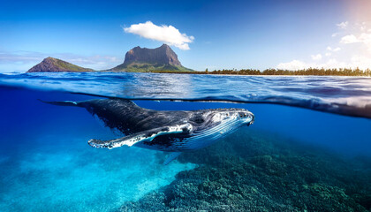 Indian Ocean, Mauritius Whale and humpback whale and vibrant coral reefs and sea Turtles. Mauritius island under waterfall, Mauritius undersea, Mauritius sea, humpback whale © karacacennet