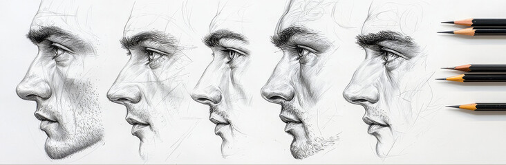 Obraz premium Detailed pencil sketches showing progression of male face from rough outline to refined detail, showcasing artistic techniques and shading