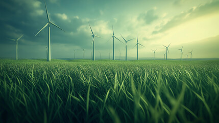 Wind Turbines for sustainability and green energy on a field of grass