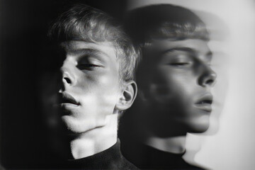 Fototapeta premium Intimate moment between two young men in soft light, captured in a timeless black-and-white style