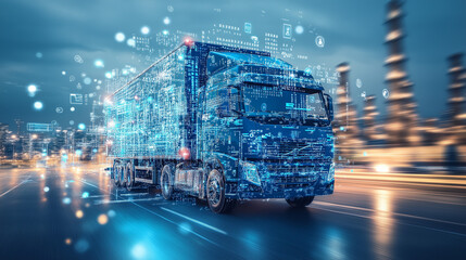 A blue truck on the road, with data and technology elements floating