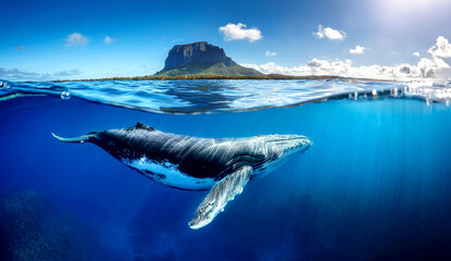 Indian Ocean, Mauritius Whale and humpback whale and vibrant coral reefs and sea Turtles. Mauritius island under waterfall, Mauritius undersea, Mauritius sea, humpback whale  © karacacennet