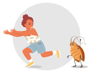 Fototapeta premium Frightened little girl child cartoon character escaping cockroach pest feeling fear and screaming vector illustration. Children entomophobia concept