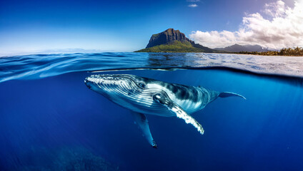 Indian Ocean, Mauritius Whale and humpback whale and vibrant coral reefs and sea Turtles. Mauritius island under waterfall, Mauritius undersea, Mauritius sea, humpback whale © karacacennet